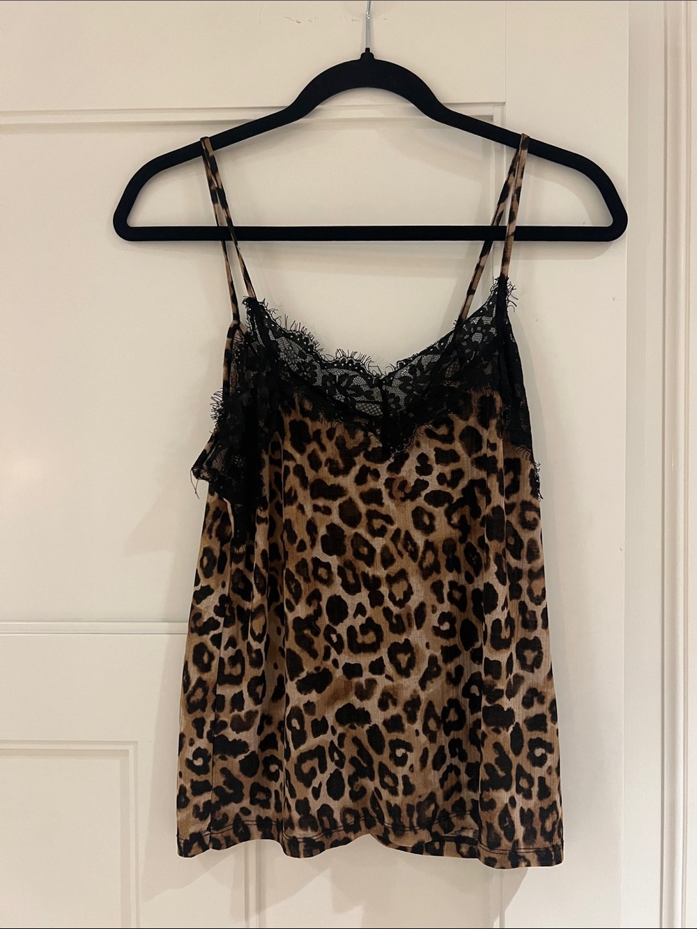 Zara Leopard Print Satin Tank with Black Lace Trim